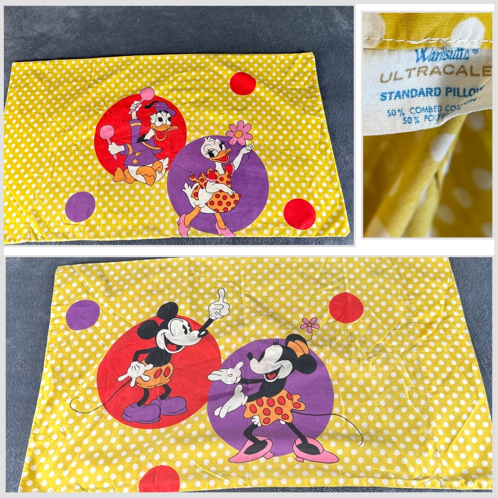 Vintage Disney Mickey Minnie Donald Daisy Wamsutta Yellow Polka Dot Pillowcase